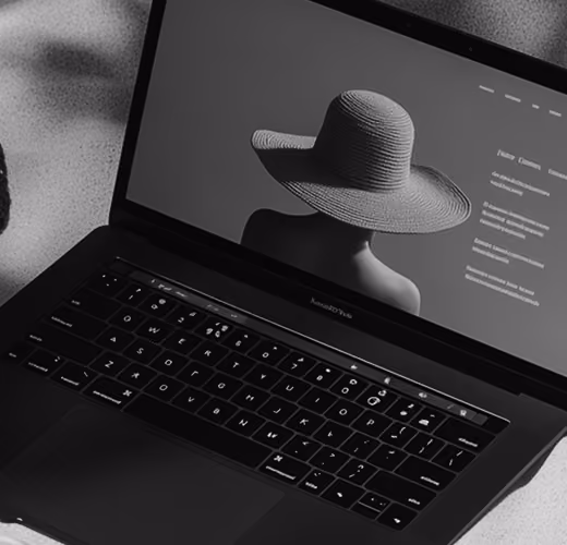 Black laptop showing website with a black-and-white image of a person wearing a wide-brimmed hat.