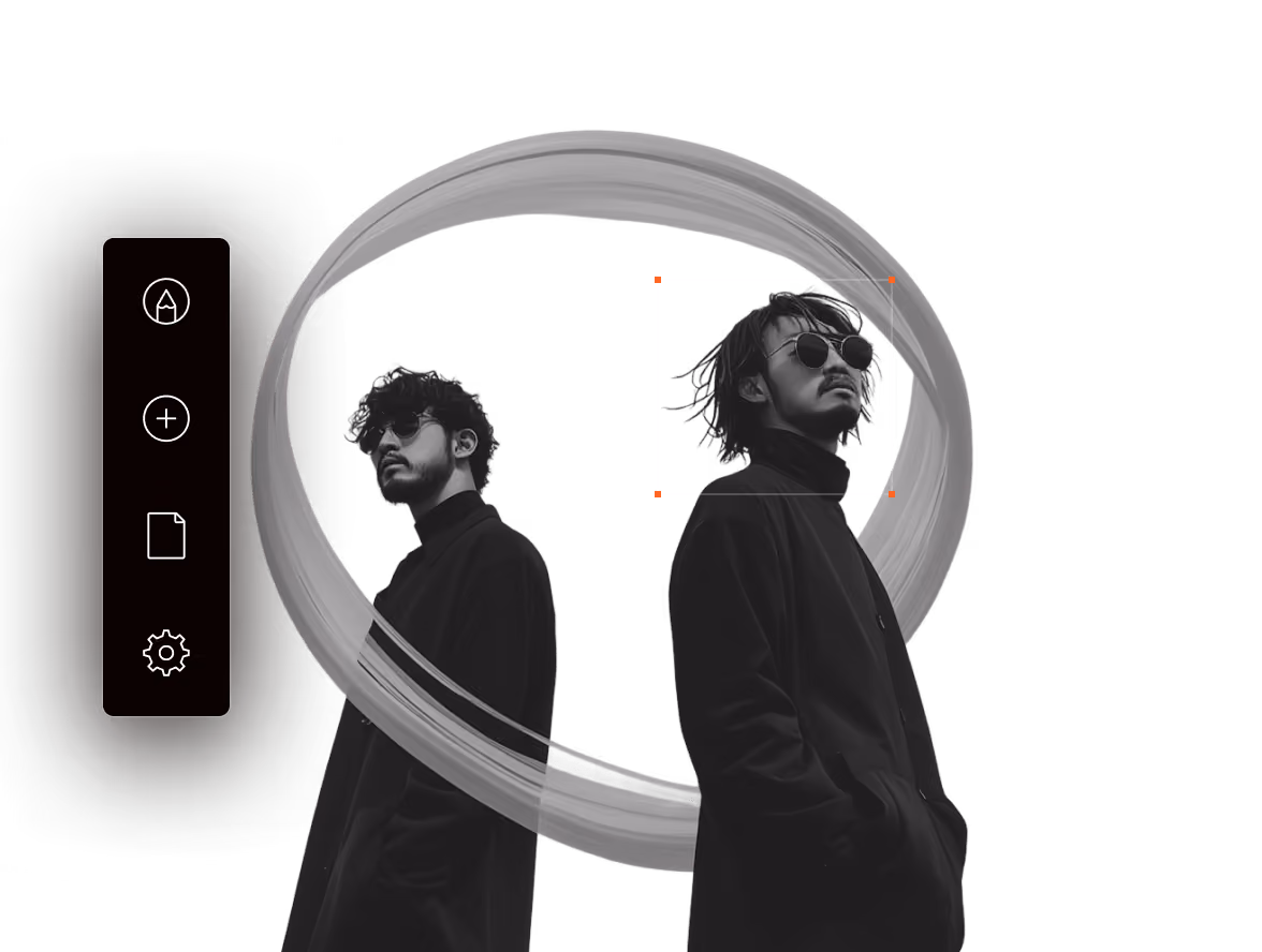 Two men with sunglasses and dark coats standing back to back inside a gray abstract circular brushstroke, with a vertical toolbar on the left showing pencil, plus, document, and gear icons.