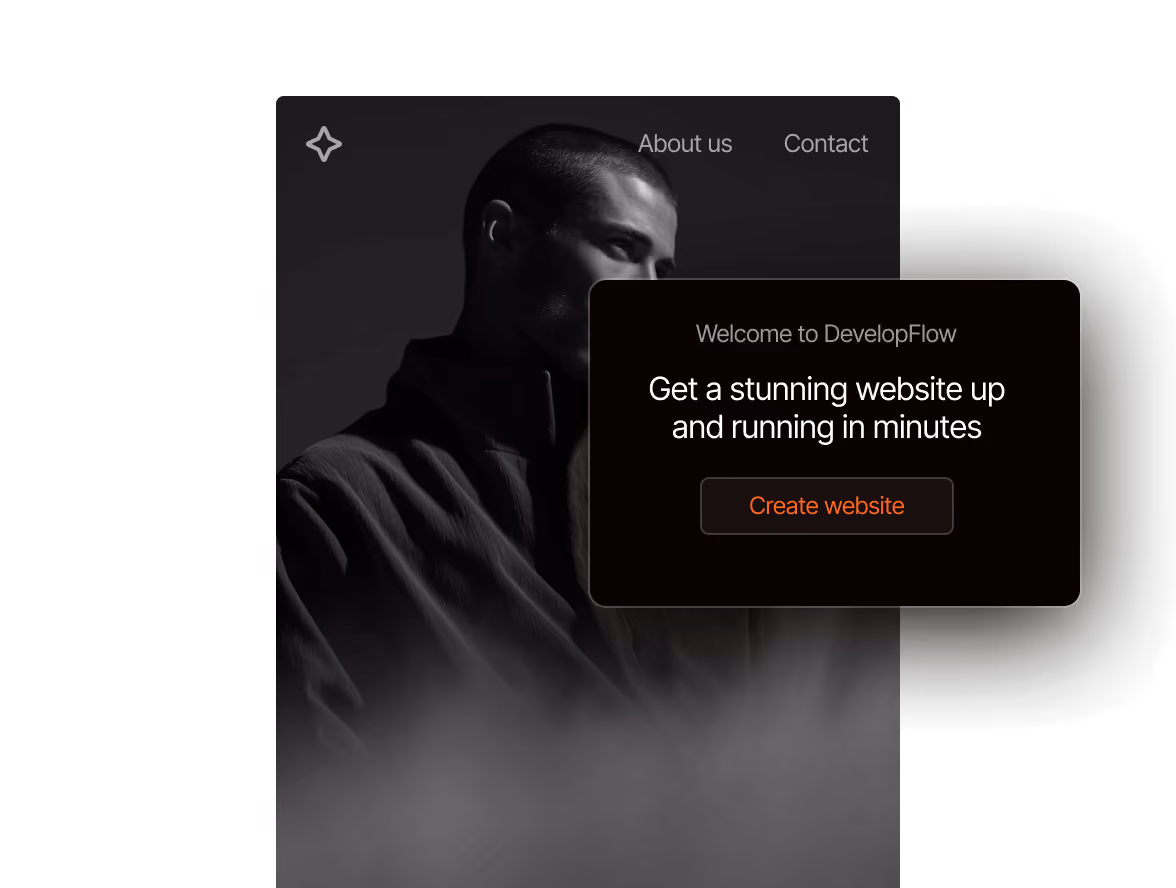 Dark-themed website interface showing a man in shadow with a welcome message and a button labeled Create website.