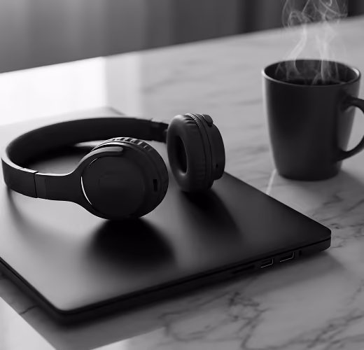 Black over-ear headphones resting on a closed laptop next to a steaming black coffee mug on a marble surface.