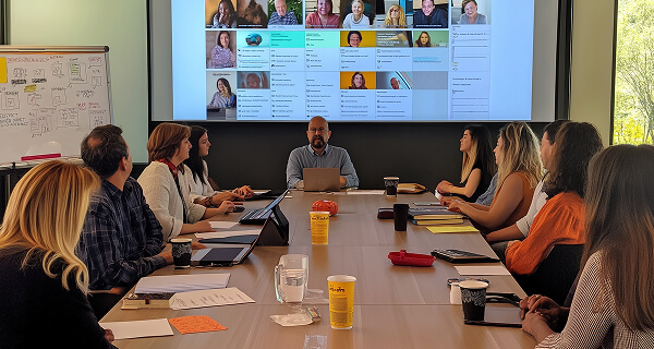Group of nine people sitting around a conference table with laptops and coffee cups, looking towards a man presenting in front of a large screen displaying a video call with multiple participants.