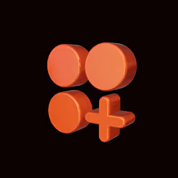 Orange 3D geometric shapes including three cylinders and a plus sign on a black background.