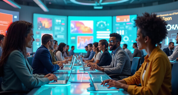 Diverse professionals sitting in a modern office working on laptops with colorful data displays on large screens in the background.